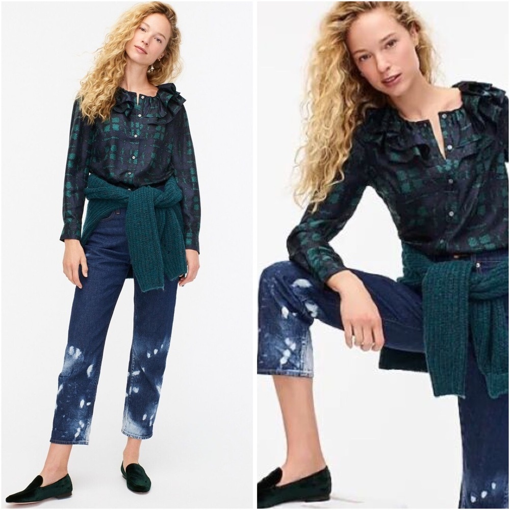 J. Crew Collection Silk Twill Ruffle Collar Shirt small plaid blue green - Picture 11 of 11